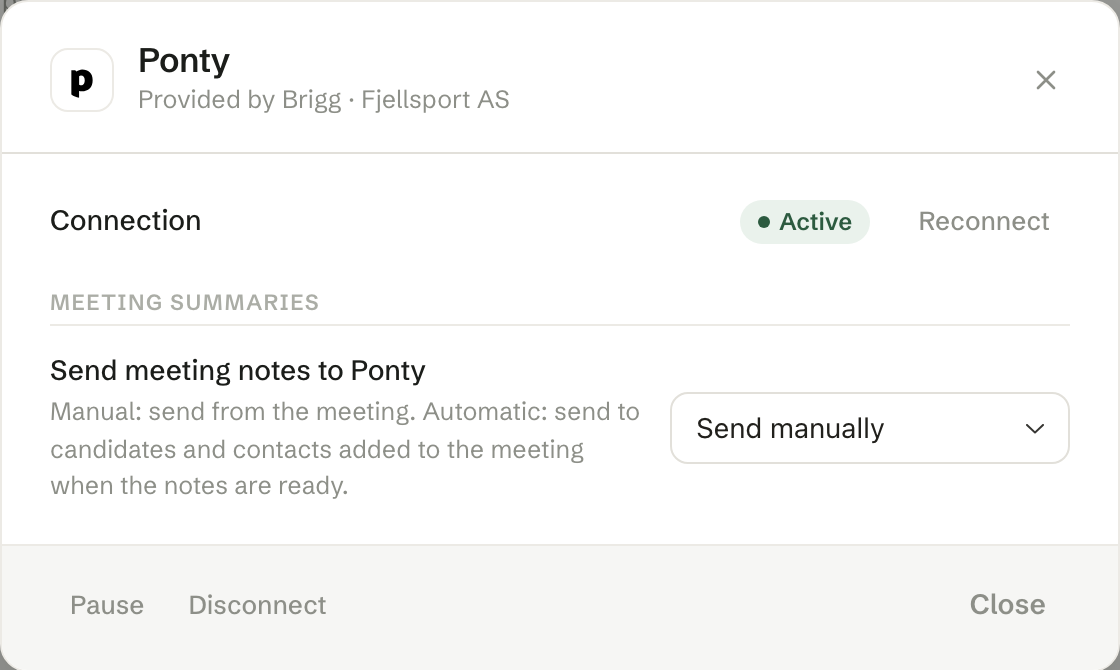 The Ponty connection in Brigg: active, with meeting notes sent manually or automatically.