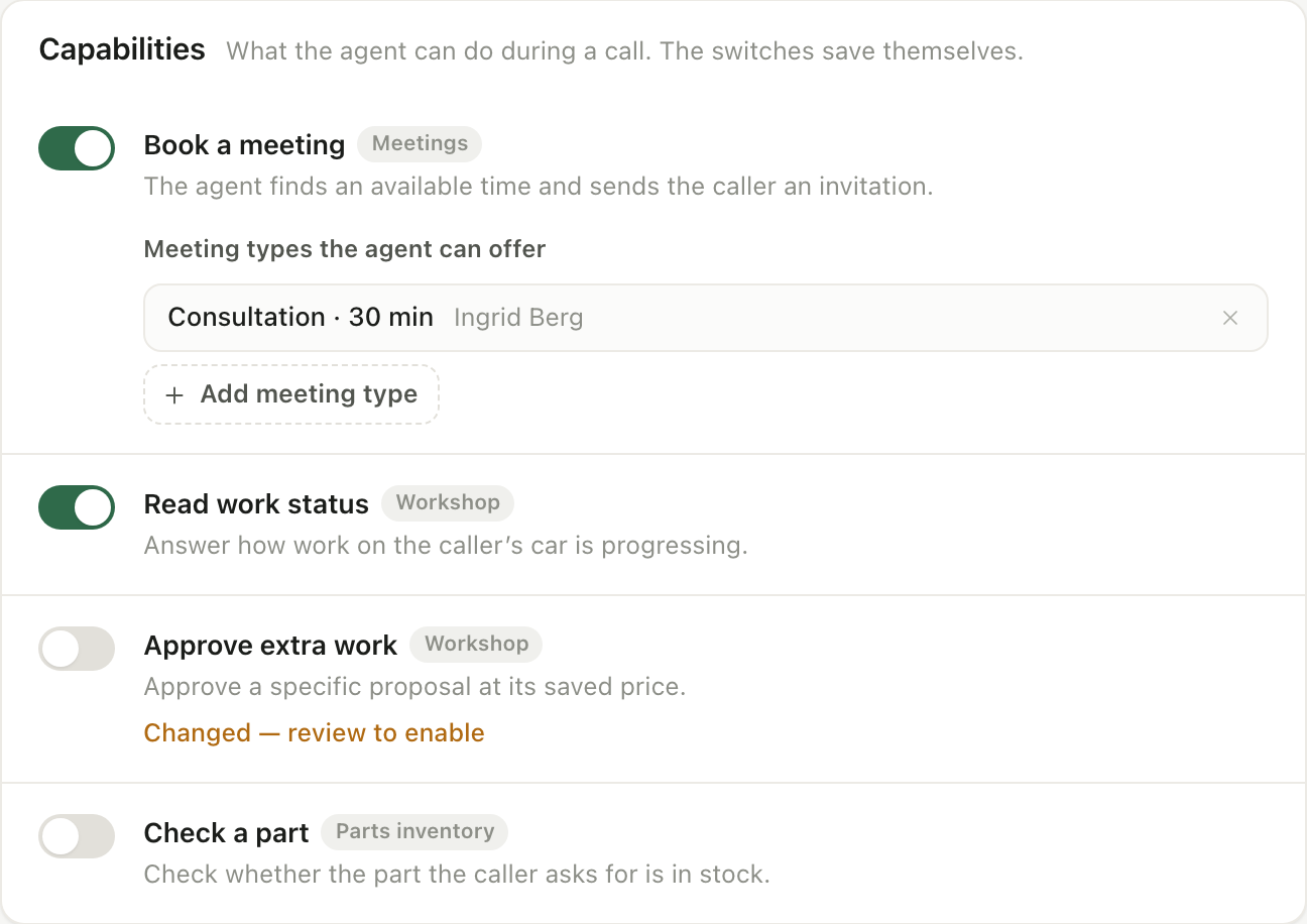 Choose the capabilities your workshop offers to callers, and review changes before enabling them.