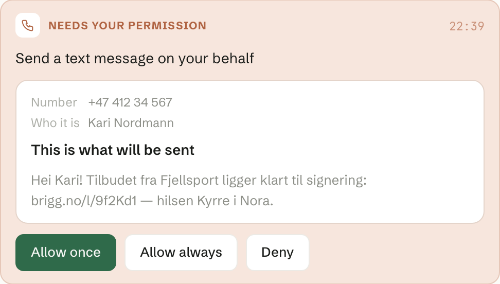 The card in the chat shows the number, who it is and the whole message before anything is sent.