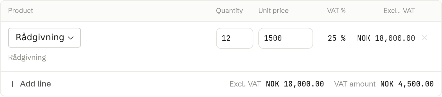 The invoice line in Create invoice: product, quantity, unit price and VAT rate already filled in from the deal.