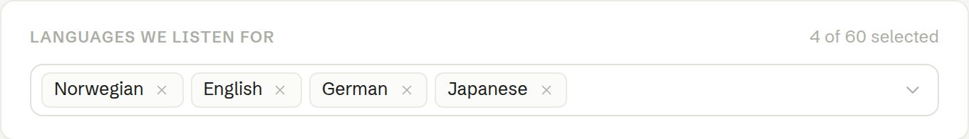 Meeting languages with Norwegian, English, German and Japanese selected.