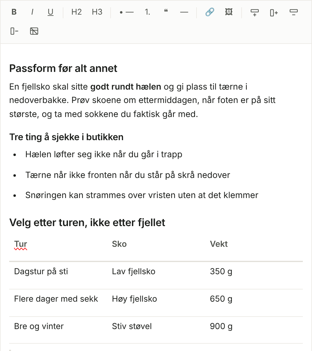 An article edited right on the record, with the toolbar for headings, lists, links, images and tables.